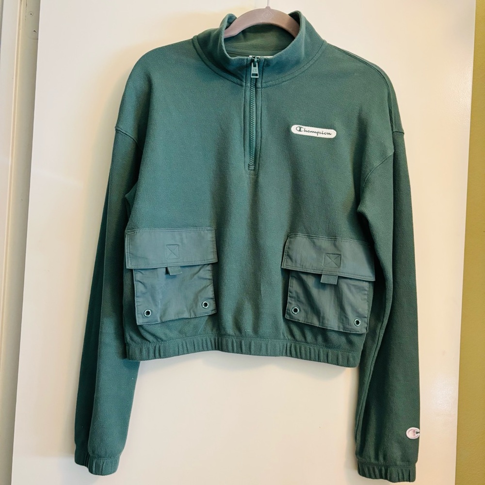 Champion Green Quarter Zip Cropped Pullover with Patch Pockets - Picture 2 of 8